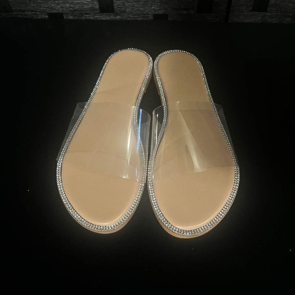 Rhinestone Trim Clear Strap Slide Sandals